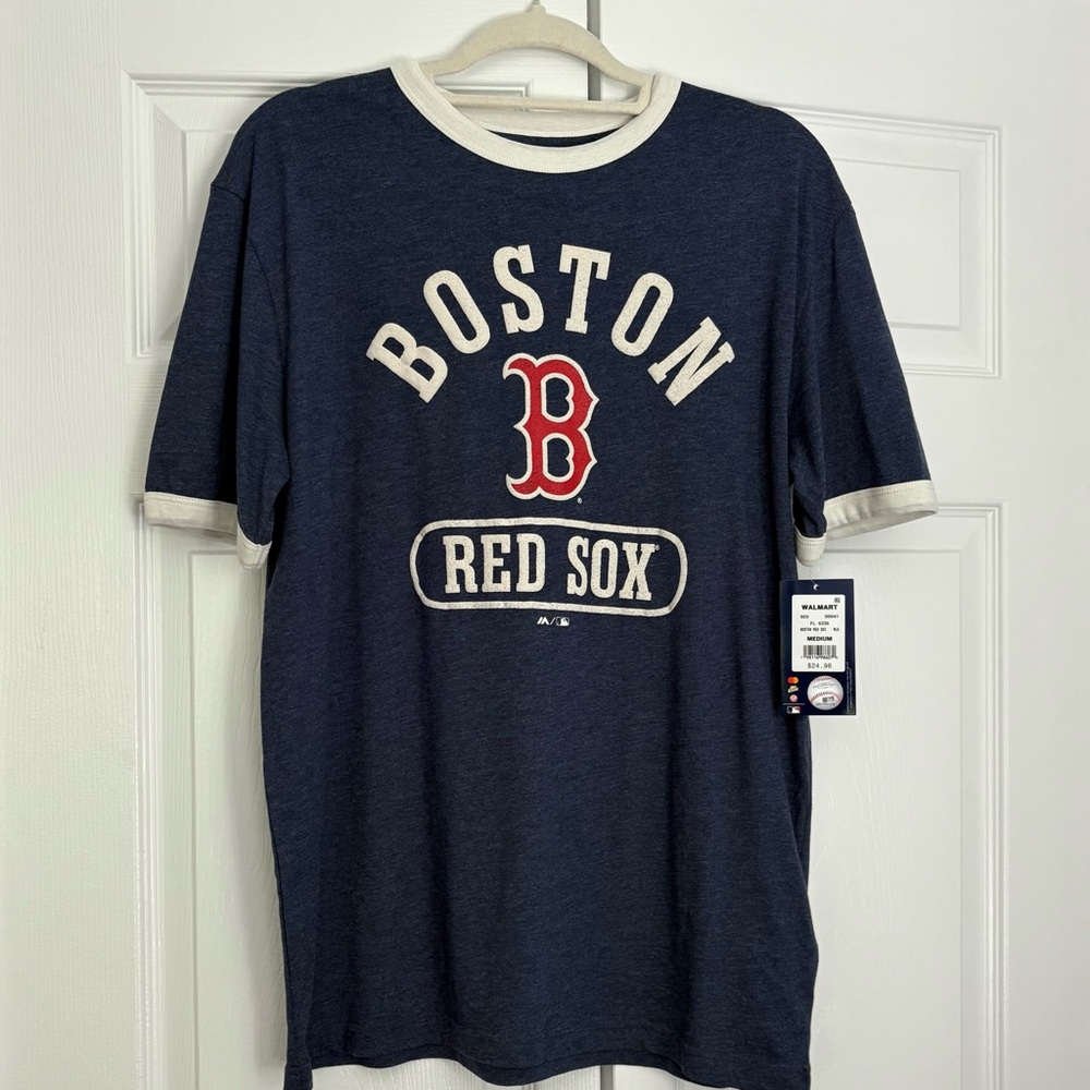 Red Sox Blue Tee by Majestic – NWT, Light Gray Trim, Bold White Lettering,….